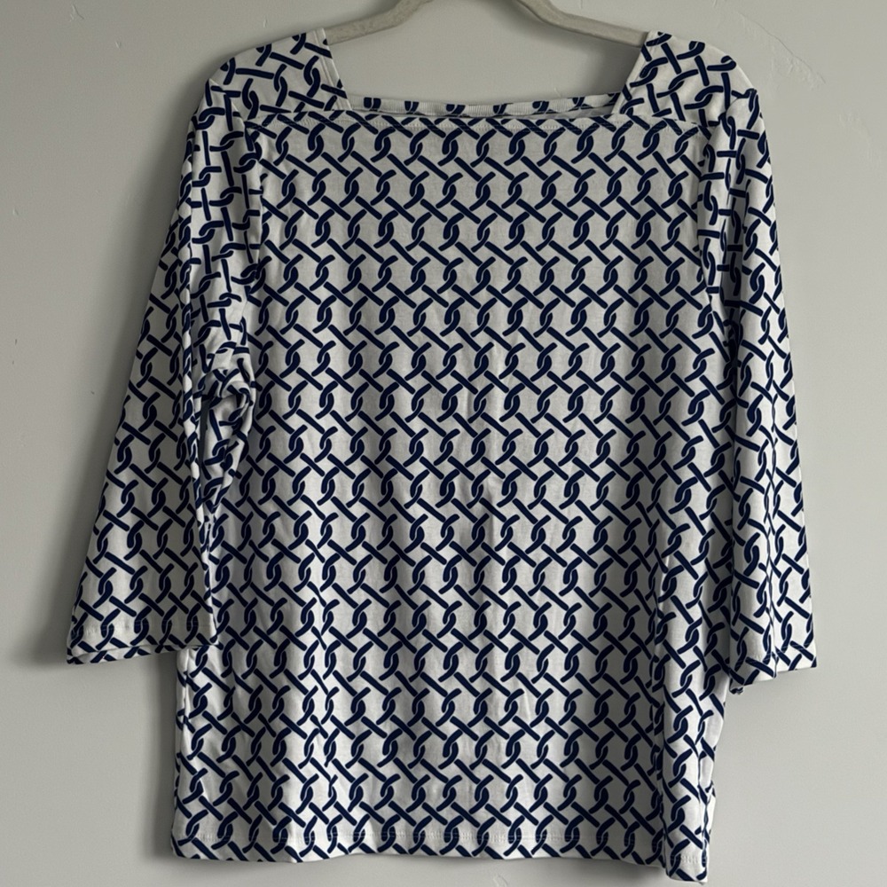 Chicos Geometric Print Blouse XL Top 3/4 Sleeve Square Neck Stretch Comfort